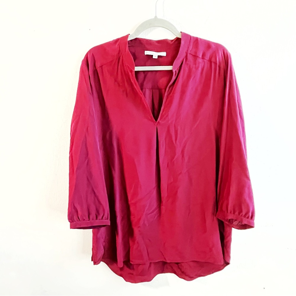 Amanda Uprichard Blouse Raspberry Red Silk Split Neck 3/4 Sleeves Tunic Sz M EUC